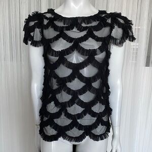 Vintage Y2K Nadya Toto Elegant Black Ruffled Scalloped Cap Sleeves Women's Top